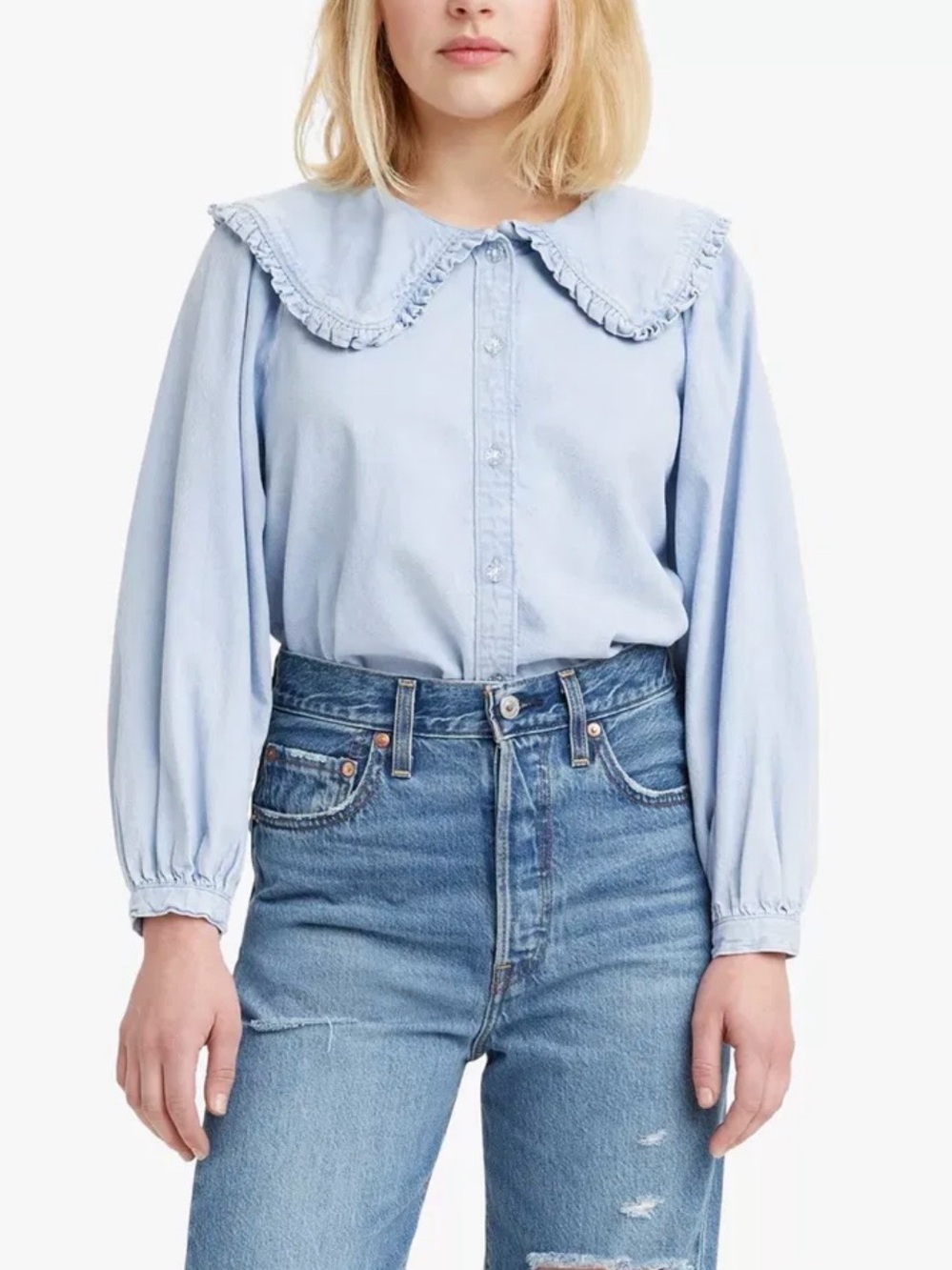 Levi's Light Blue ruffled Peter Pan Collar Button-Down Denim Shirt size Large